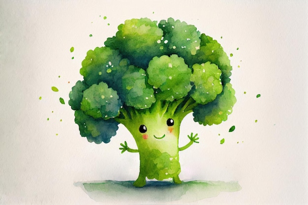 Brocoli aquarelle mignon avec un visage heureux