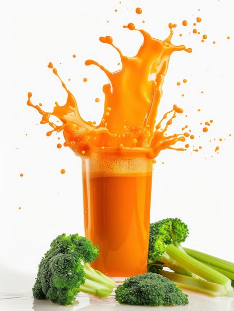 Le brocoli de carotte, le céleri, le jus de légume s'écoulent d'en haut dans un verre.