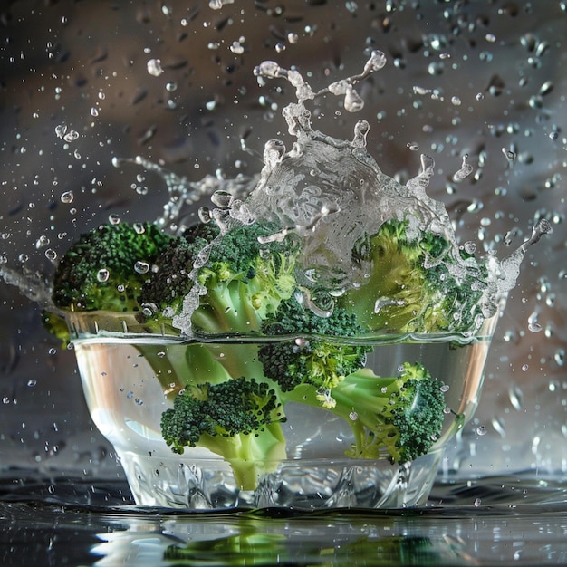 Photo le brocoli dans un bol avec de l'eau qui s'éclabousse autour