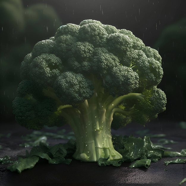 Brocoli sur un fond noir sous la pluie 3D