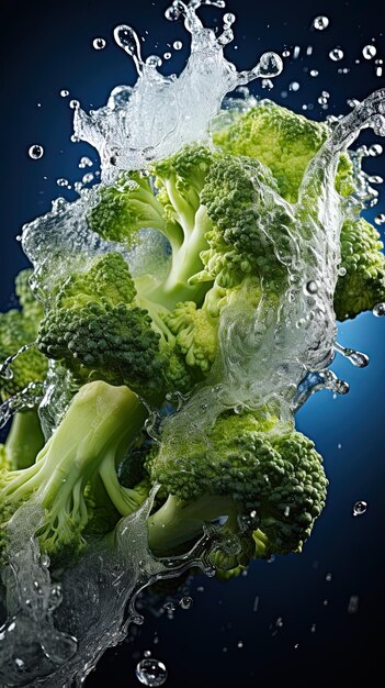 Photo un brocoli qui est éclaboussé d'eau