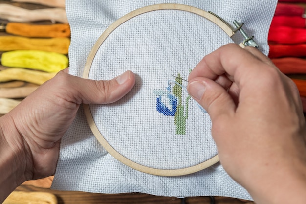 Broderie Au Point De Croix Dans Les Mains De La Dame.