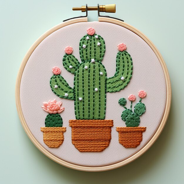 Photo broderie d'un cactus et de fleurs dans un pot sur un cerceau génératif ai
