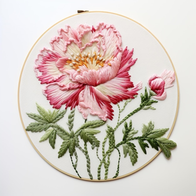 broderie d'une fleur rose avec des feuilles vertes sur un fond blanc