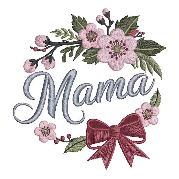 Photo broderie des fleurs roses et des feuilles vertes entourent le mot mama