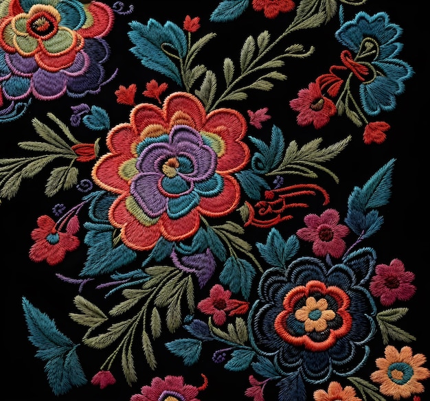 Broderie florale mexicaine et fond noir