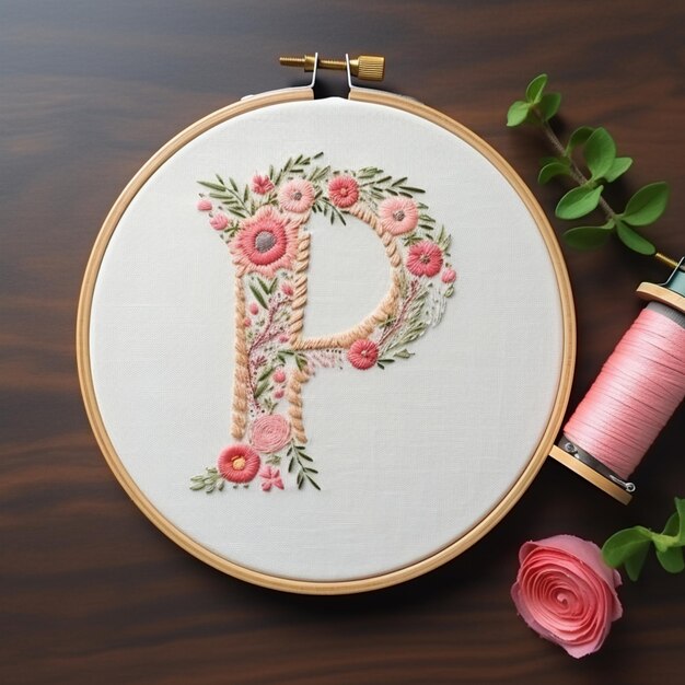 Photo broderie avec une lettre florale et une bobine de fil génératif ai