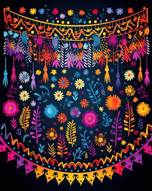 Une broderie mexicaine rayonnante avec une cascade de drapeaux colorés en papel picado