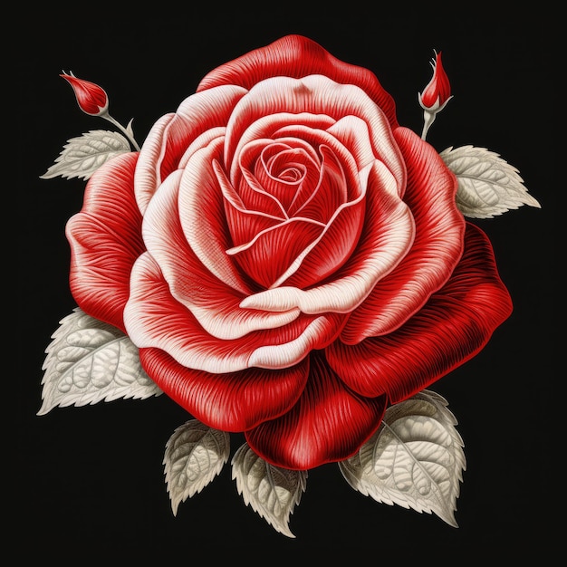 Broderie de roses rouges sur fond noir