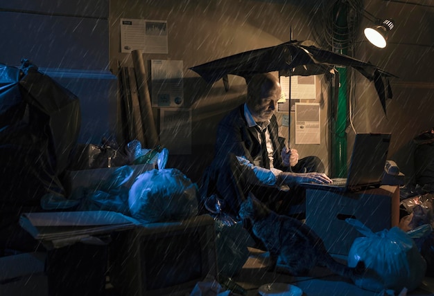 Broke businessman sans emploi assis dans la rue sous la pluie