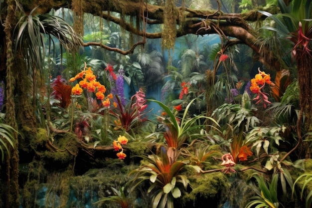 Broméliacées et orchidées colorées sur les branches de la forêt tropicale créées avec une IA générative