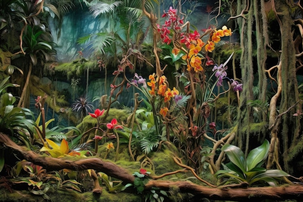 Des bromélias et des orchidées colorées sur les branches de la forêt tropicale créées avec l'AI générative