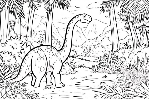 Brontosaurus Dinosaur Noir et blanc Doodles linéaires Art de ligne Page de coloriage Pour les enfants Livre de coloriage