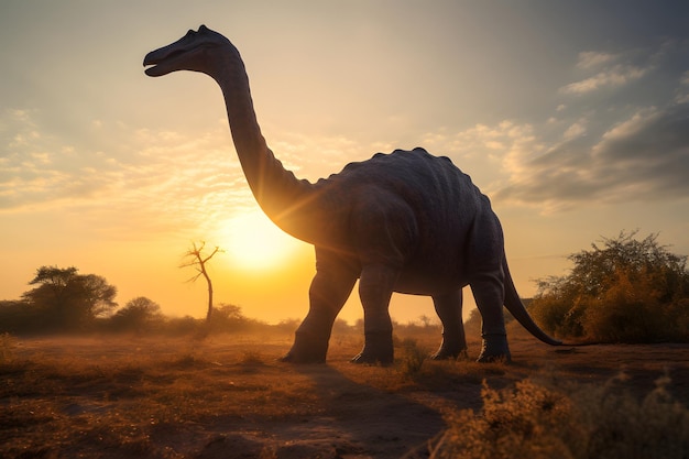 Brontosaurus vue grand angle portrait complet du corps à la lumière du jour d'été généré par le réseau de neurones