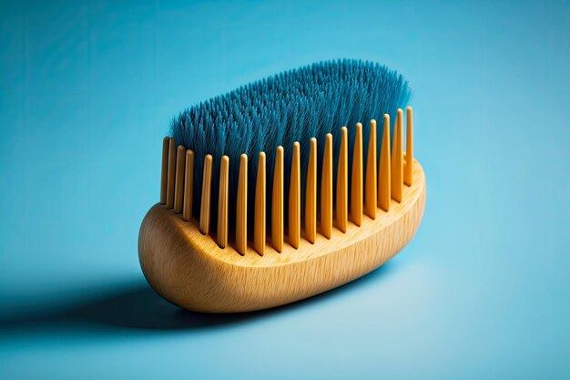 Brosse à barbe en bois naturel avec poils sur fond bleu