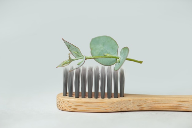 Une brosse à dents en bois avec un brin d'eucalyptus sur fond gris