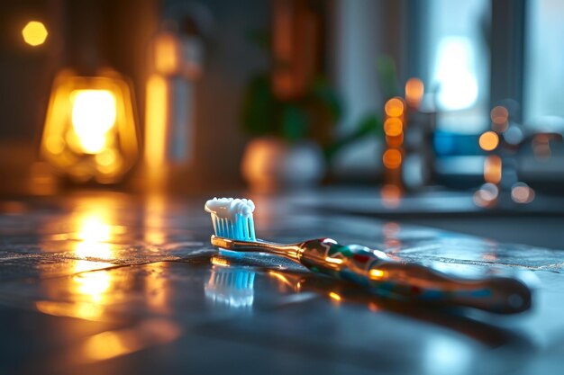 Une brosse à dents avec du dentifrice dans une salle de bain confortable