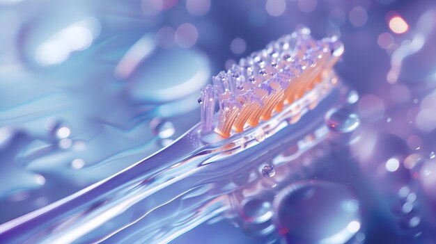 Photo brosse à dents avec des gouttes d'eau gros plan fond flou