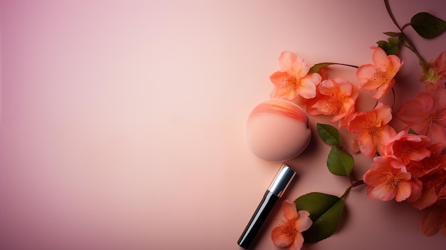 brosse et poudre cosmétiques sur un fond de couleur pâle de pêche