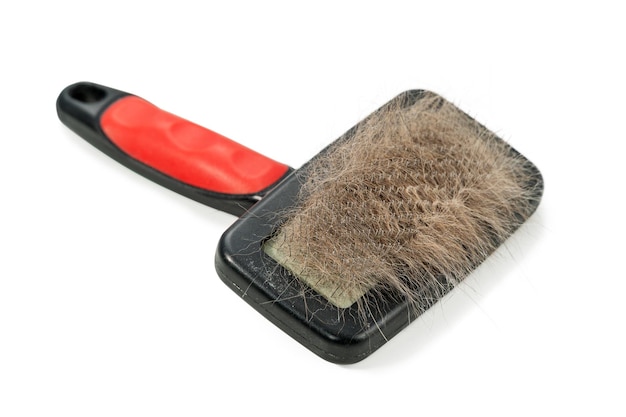 brosse pour nettoyer les animaux avec de la laine isolé sur fond blanc