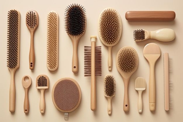 Des brosses à cheveux en bois élégantes et des cosmétiques assortis sur un fond brun clair