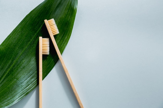 Brosses à dents en bois de bambou sur pastel