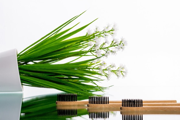 Brosses à dents écologiques en bois sur une table avec une branche verte