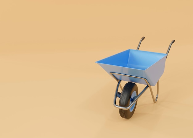 Brouette de jardin bleu métal 3d sur fond beige Chariot agricole réaliste rendu 3d