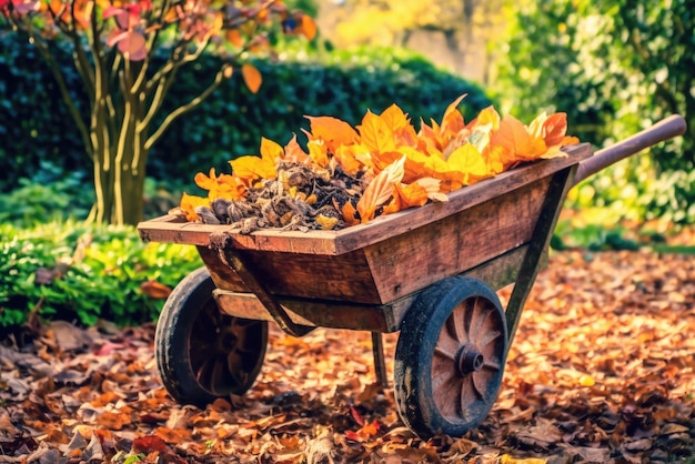 Brouette De Jardin Avec Des Feuilles D'automne Au Jardin