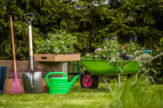 Une brouette de jardin pleine de terre de beaux arrangements de jardin Concept de fond pour le jardinage