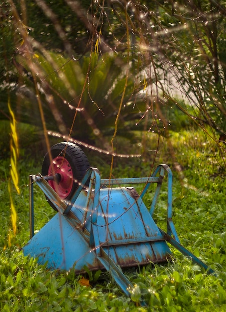 Une brouette de jardin renversée dans le jardin après une pluie en Grèce