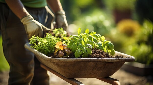 Photo la brouette de jardin avec les semis et le jardinier