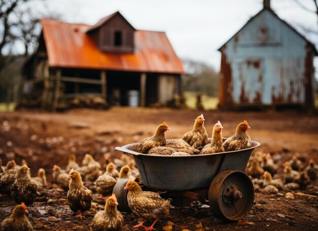 Une brouette remplie de poulets dans une ferme pittoresque