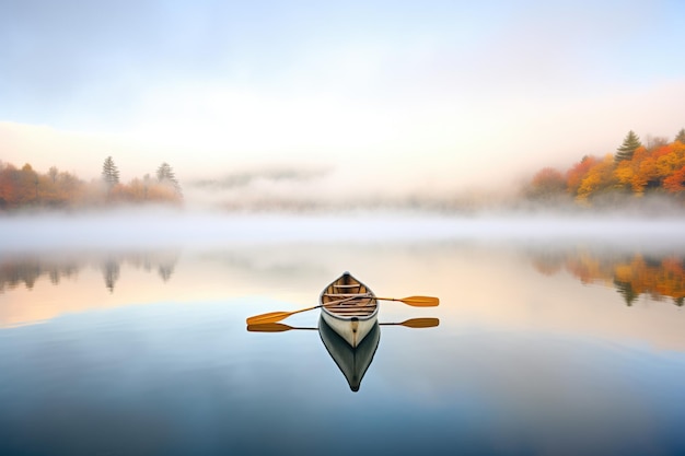 Photo un brouillard brumeux roule sur un lac calme avec un canoë en arrière-plan