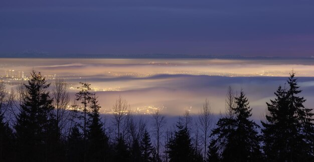 Brouillard couvrant la ville moderne pendant le crépuscule du coucher du soleil d'hiver