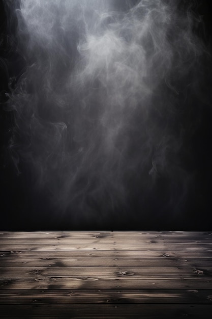 Brouillard dans l'obscurité fumée et brume sur table en bois toile de fond abstraite et défocalisée pour Halloween