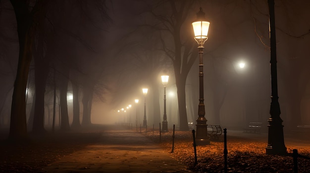 Le brouillard dans le parc avec des lampadaires