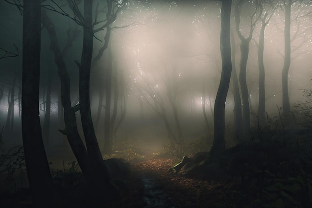 Brouillard dense dans la forêt d'automne avec des feuilles jaunes et de la mousse verte sur l'écorce des arbres générée par l'IA