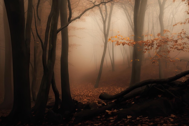 Brouillard dense dans la forêt d'automne avec des feuilles jaunes et de la mousse verte sur l'écorce des arbres générée par l'IA