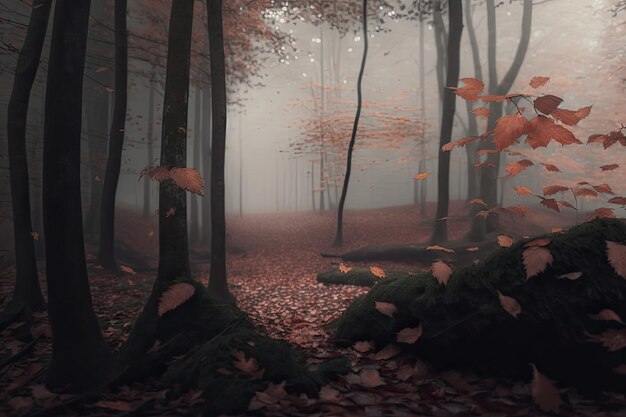 Brouillard dense dans la forêt d'automne avec des feuilles jaunes et de la mousse verte sur l'écorce des arbres générée par l'IA