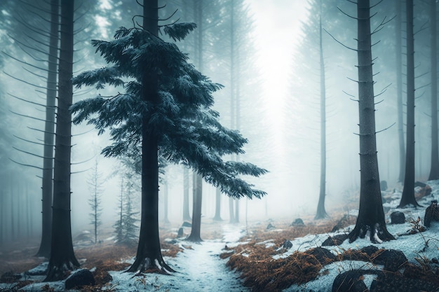 Brouillard dense dans la forêt d'hiver froide sans feuilles et neige blanche sur l'écorce des arbres générée par l'IA