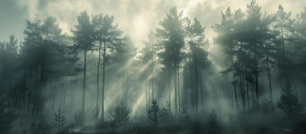 Un brouillard dense enveloppe les grands arbres de la forêt