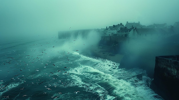 Photo un brouillard dense recouvre le papier peint d'une ville côtière