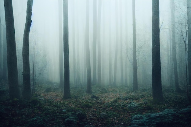 Brouillard du matin d'été au cœur d'une forêt de feuillus créée avec une IA générative