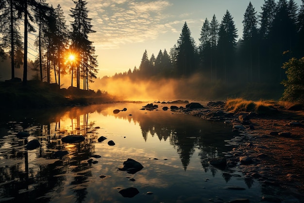 Le brouillard du matin sur un magnifique lac bordé de pins