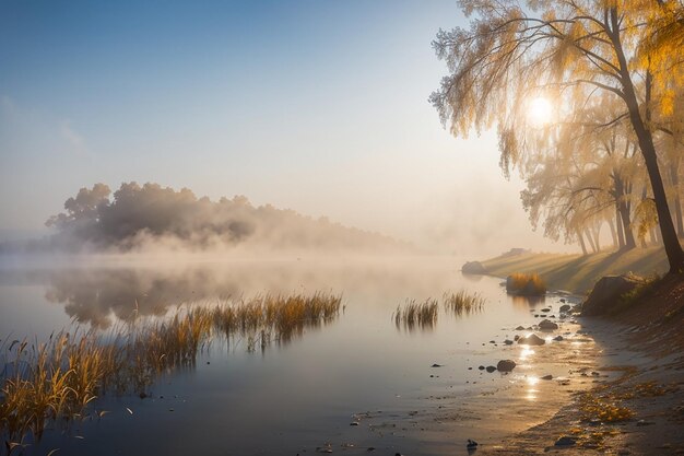 Brouillard sur l'eau sur une rivière Dnieper à l'automne