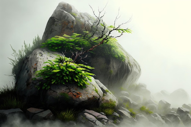 Brouillard épais et roches couvertes de verdure