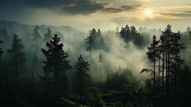 Le brouillard de fumée qui s'élève dans la forêt à l'aube