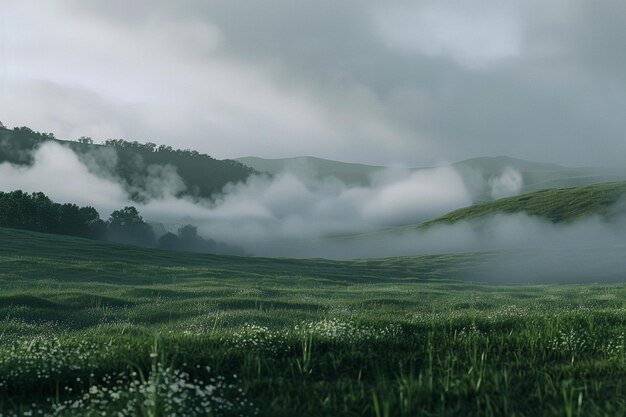 Un brouillard matinal calme sur les collines vallonnées