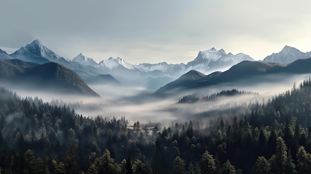 Brouillard matinal et montagnes ai génératives